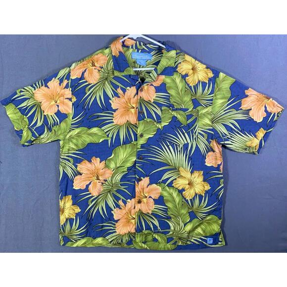 Other - Bermuda Bay Size XL Hawaiian Flower Hibiscus Camp Silk Shirt Short Sleeve Blue